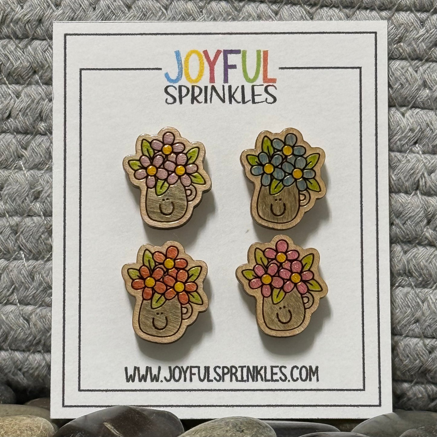 Wood Flower Pot Jug Mini Magnet Set, Handcrafted