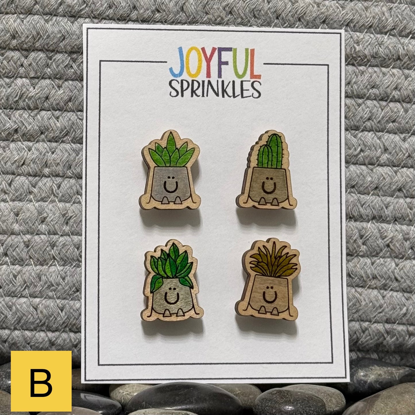 Wood Plant Succulent Cactus Magnet Set, Handcrafted